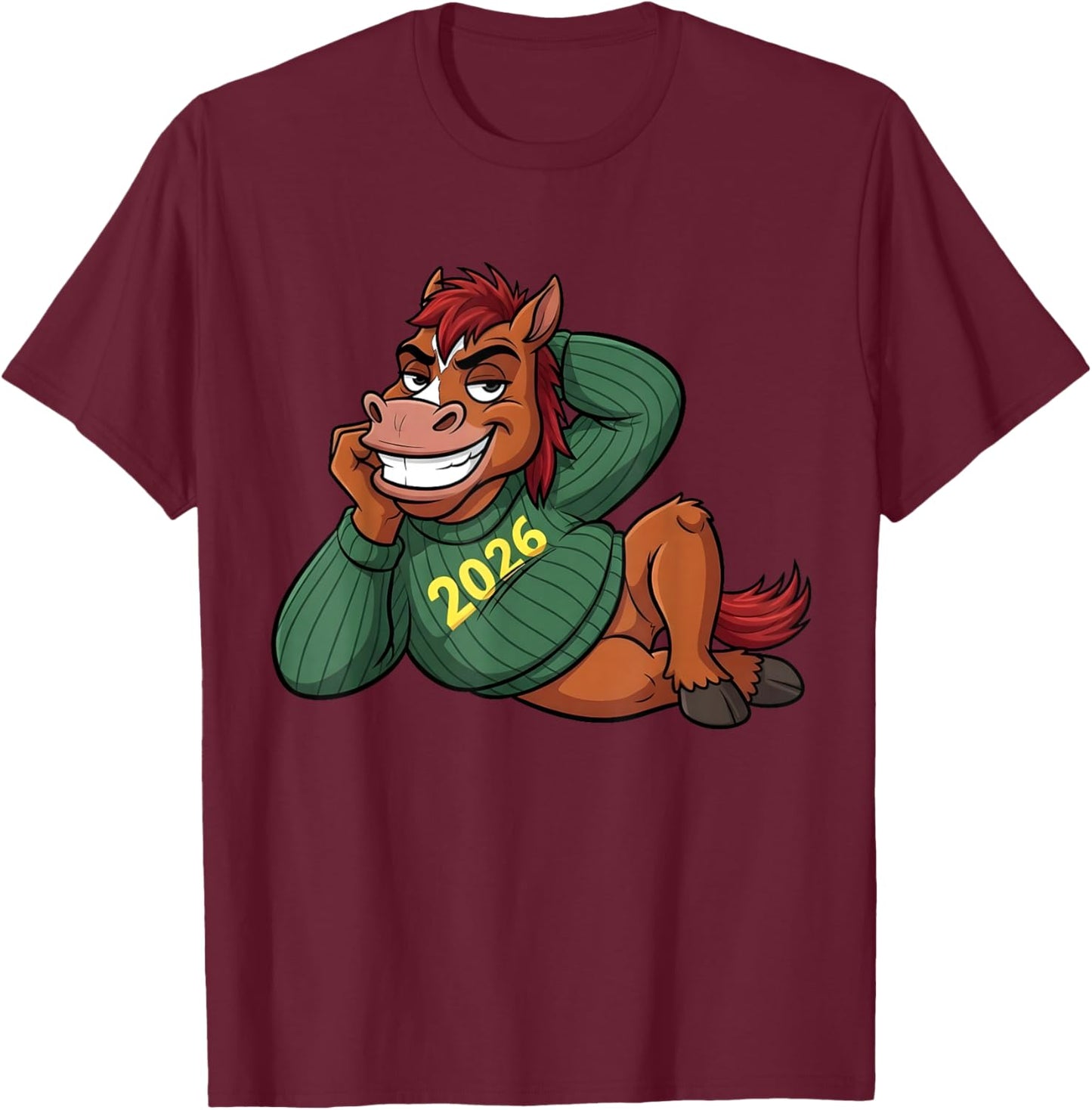 Funny Lunar New Year 2026 Horse Festive Cartoon T-Shirt - T-Shirt | Maroon