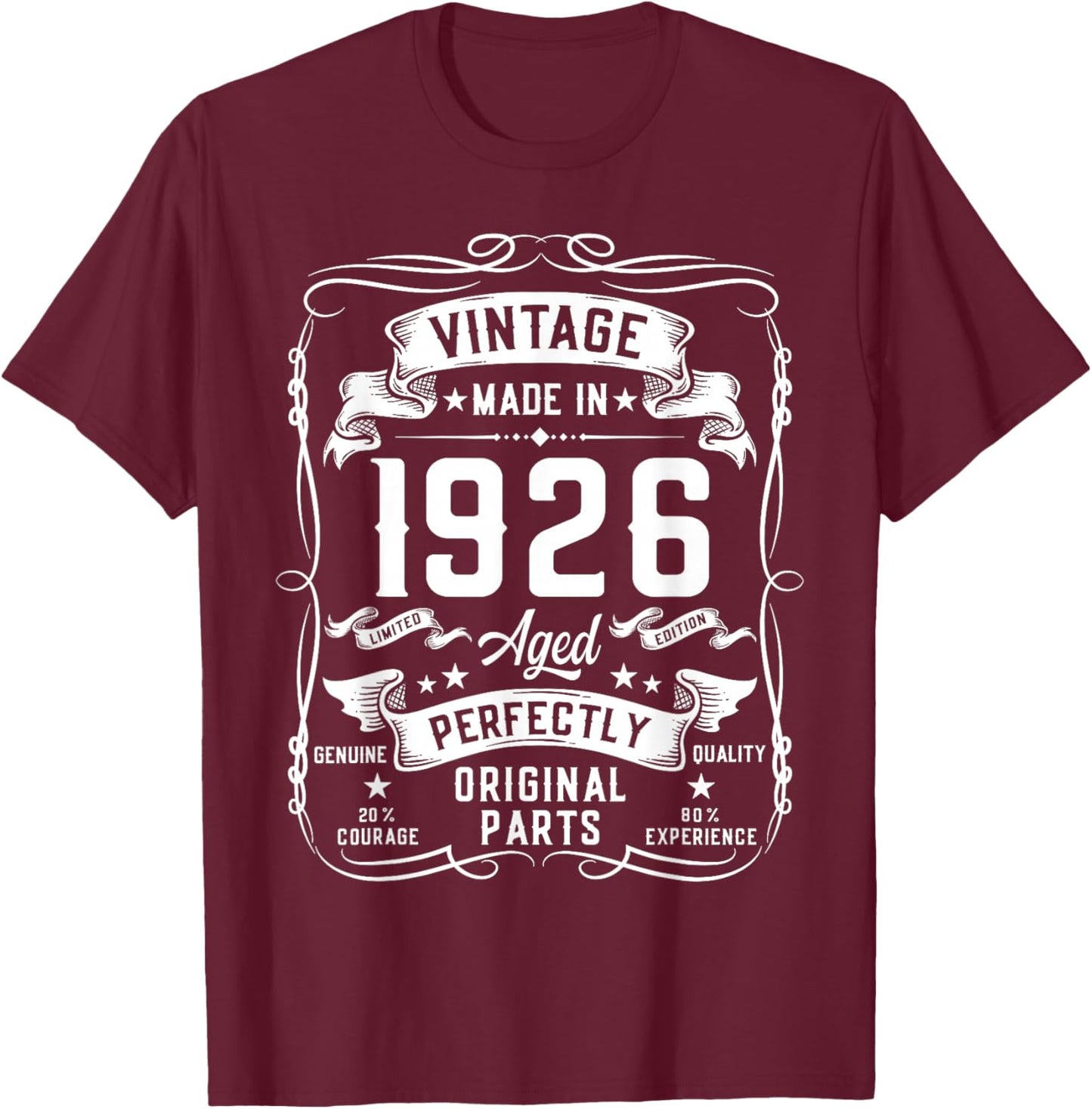 Vintage 1926 100yr 100th Birthday Gifts 100 Year Old T-Shirt - T-Shirt | Maroon