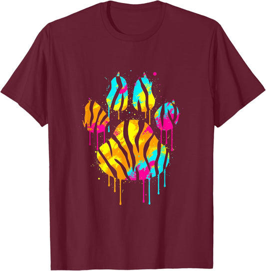 Colorful Tiger Paw Print Neon Art Rainbow Animal Lover Gift T-Shirt - T-Shirt | Maroon