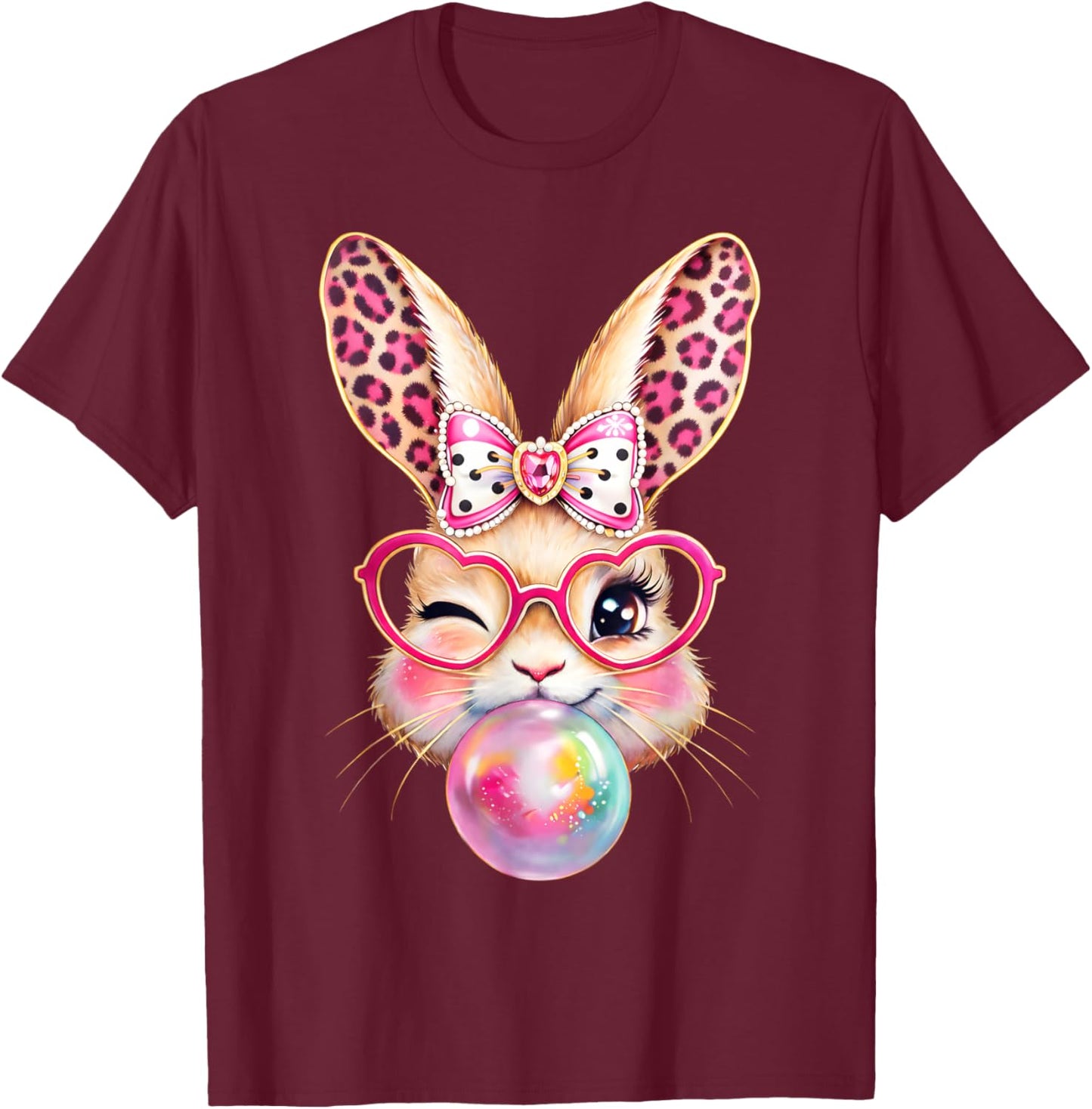 Easter Day Bunny Rabbit Face Leopard Bubble Gum Girl Women T-Shirt - T-Shirt | Maroon