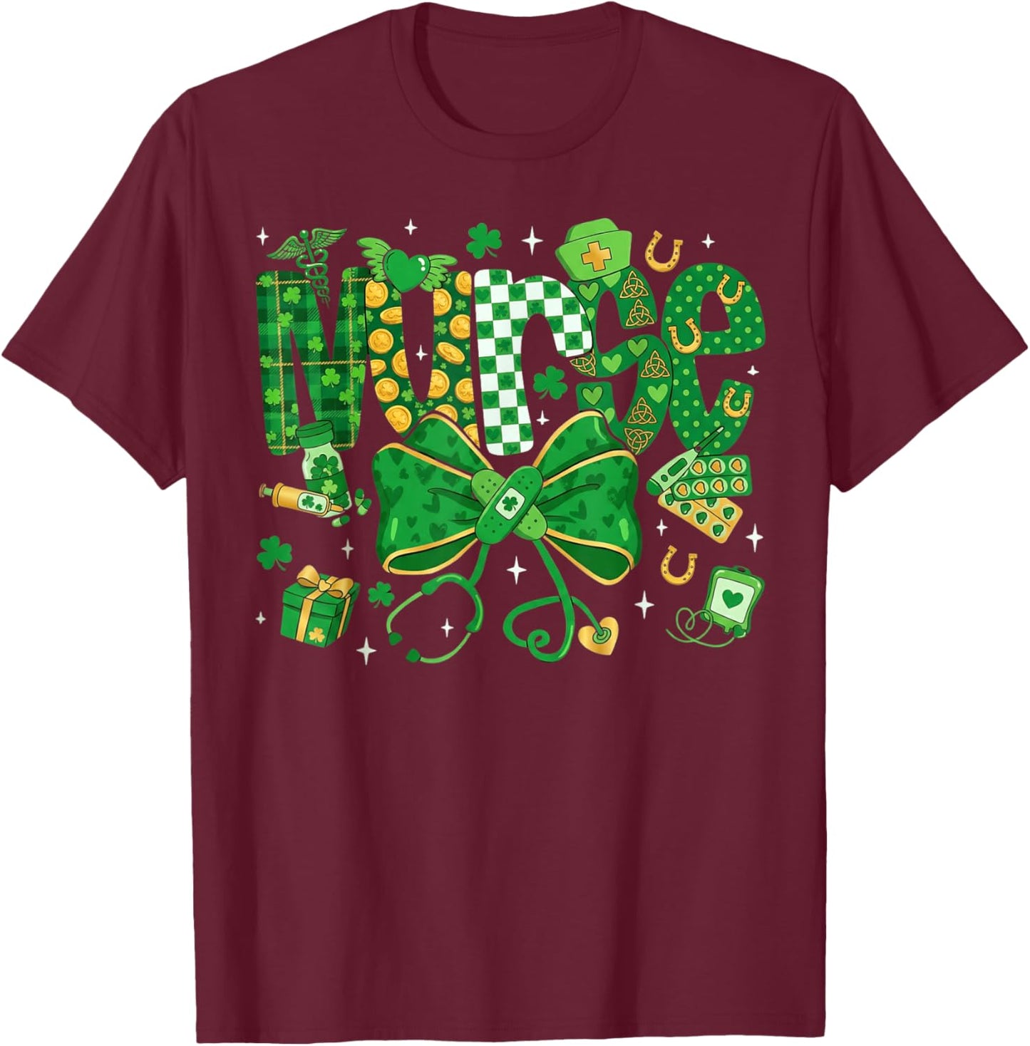 Irish Nurse St Patricks Day Stethoscope ER ICU NICU RN Women T-Shirt - T-Shirt | Maroon