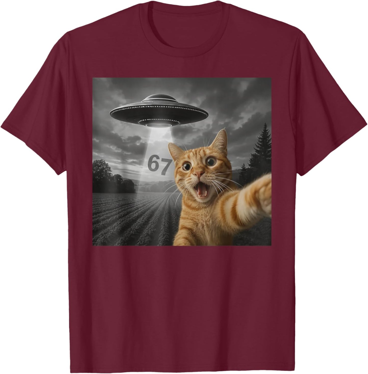 67 Cat Selfie with Alien UFO Funny Cat Six Seven Meme UFO T-Shirt - T-Shirt | Maroon