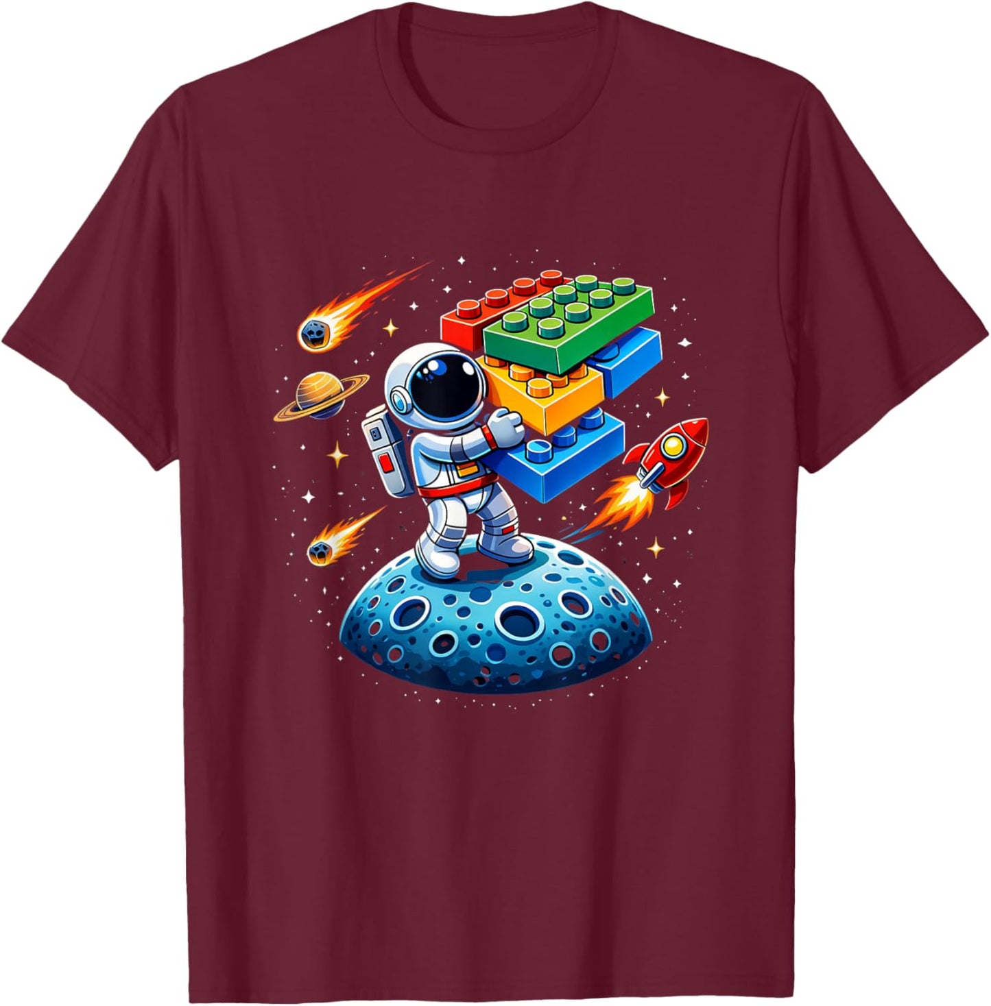 Master Builder Space Astronaut Cadet Building Bricks Boys T-Shirt - T-Shirt | Maroon
