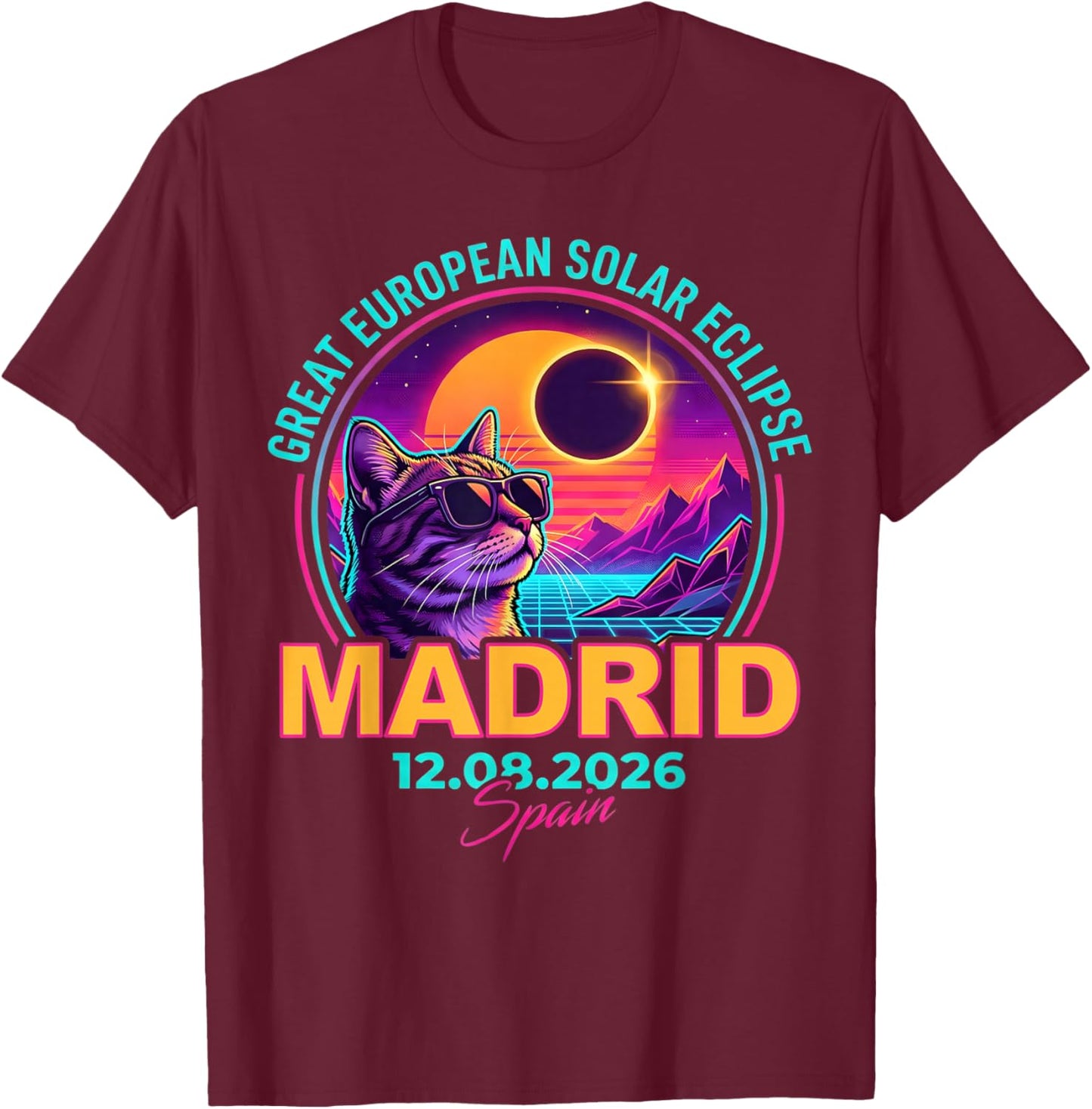 Great European Solar Eclipse 2026 Madrid Spain Cat Retro T-Shirt - T-Shirt | Maroon