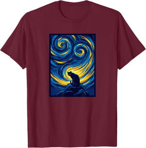 Starry Night Cat on Swirling Sky Art T-Shirt - T-Shirt | Maroon
