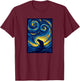 Starry Night Cat on Swirling Sky Art T-Shirt - T-Shirt | Maroon