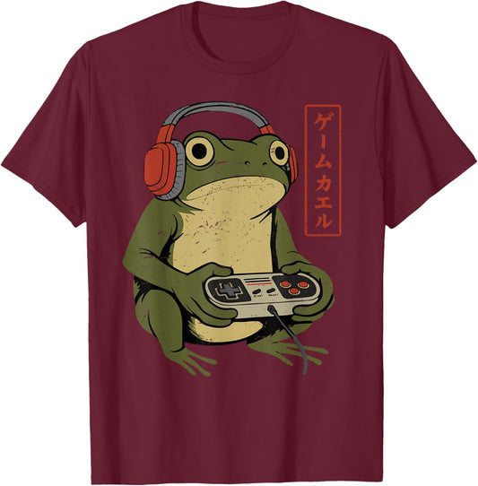 Retro Japanese Gamer Frog Art Men Boys Funny Video Gaming T-Shirt - T-Shirt | Maroon