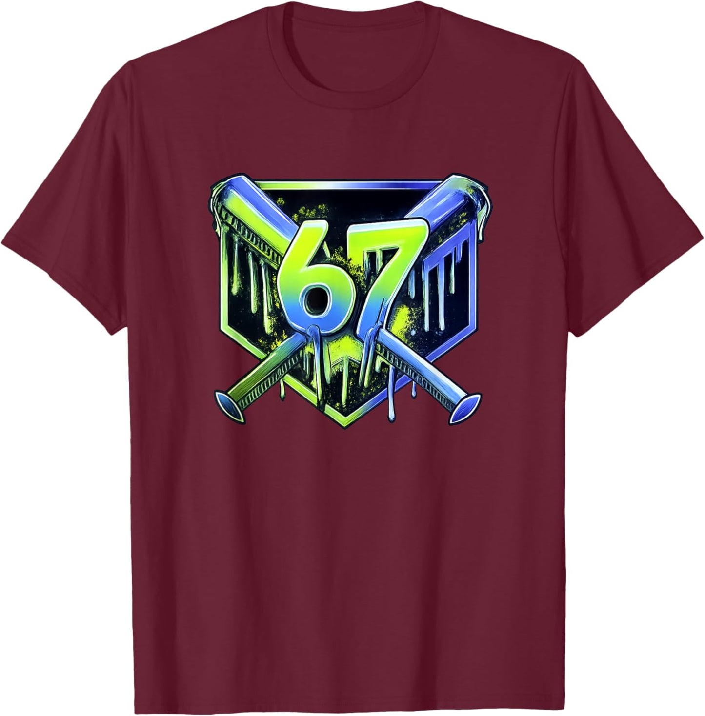 Awesome 67 Baseball Drip Effect, Baseball 6-7 Meme Graphic T-Shirt - T-Shirt | Maroon