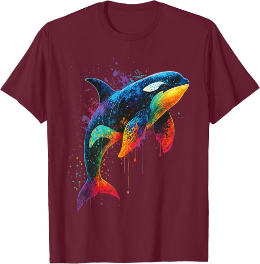Orca Whale Colorful Watercolor T-Shirt - T-Shirt | Maroon