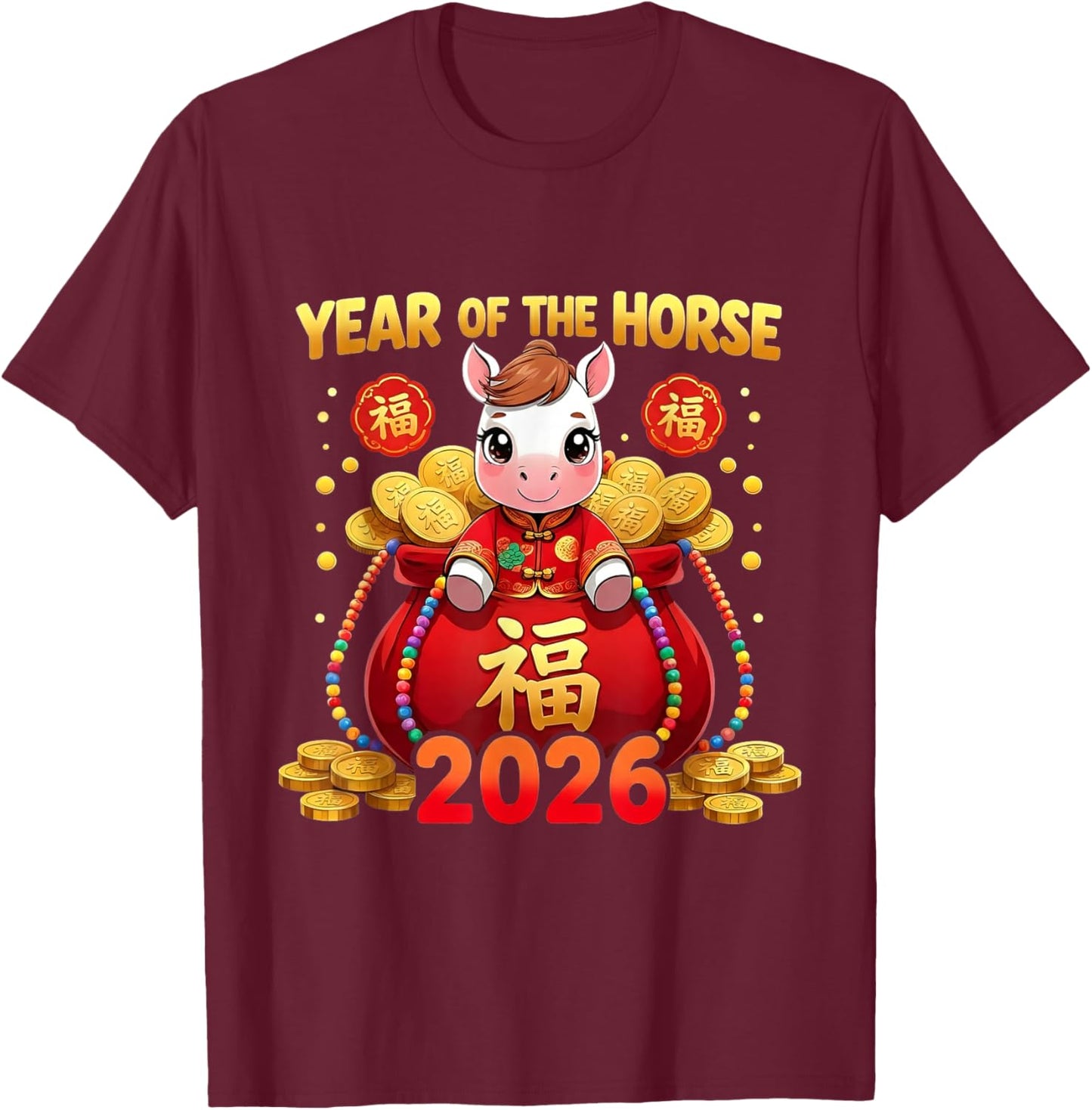 Chinese Zodiac Asian Year of The Horse 2026 Lunar Lucky T-Shirt - T-Shirt | Maroon