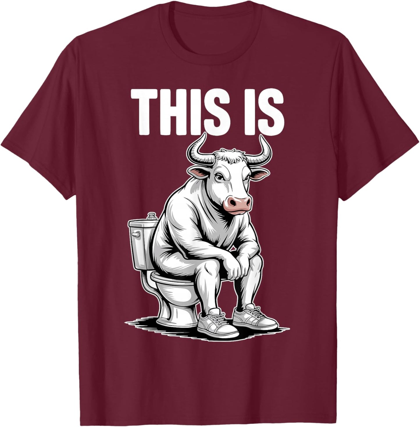 Funny Bull on Toilet Cartoon Bathroom Humor Design T-Shirt - T-Shirt | Maroon