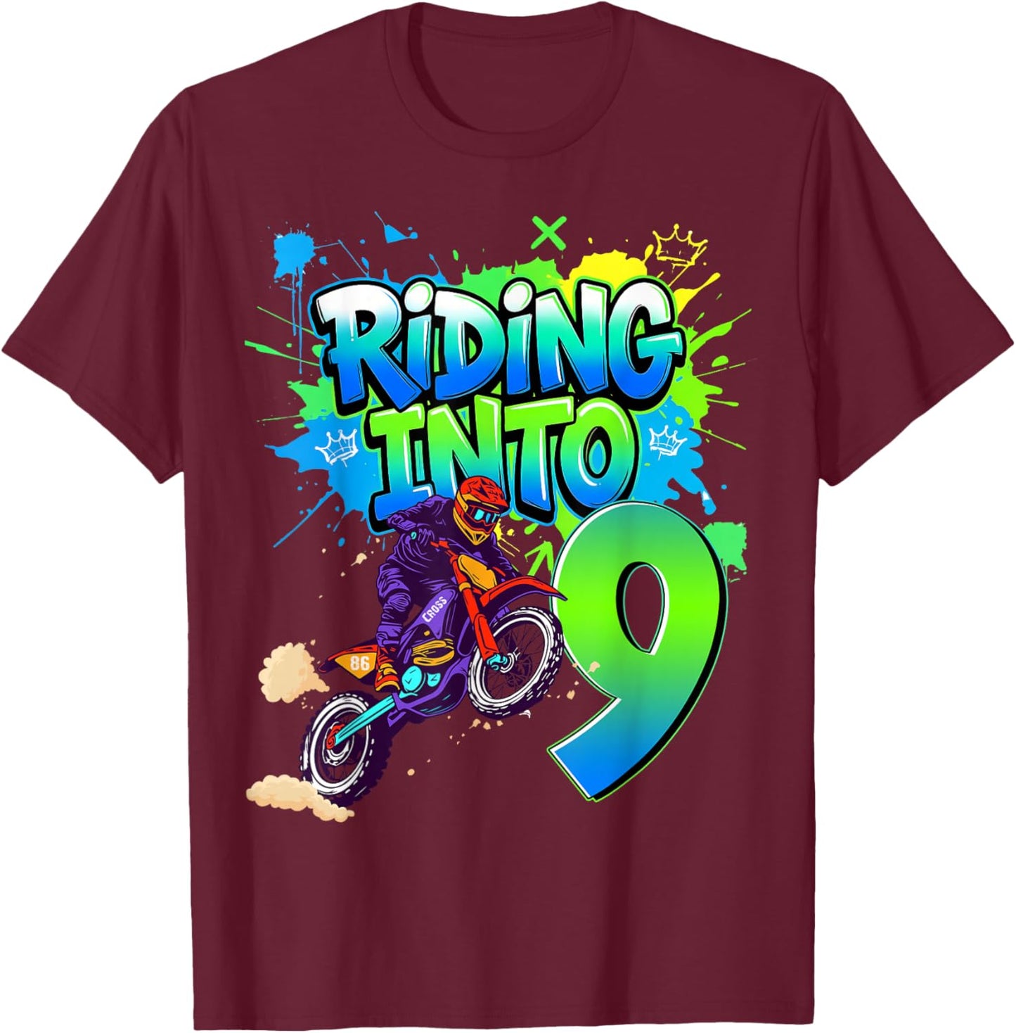Riding Into 9 Years Old 9th Birthday Dirt Bike Boy Party T-Shirt - T-Shirt | Maroon