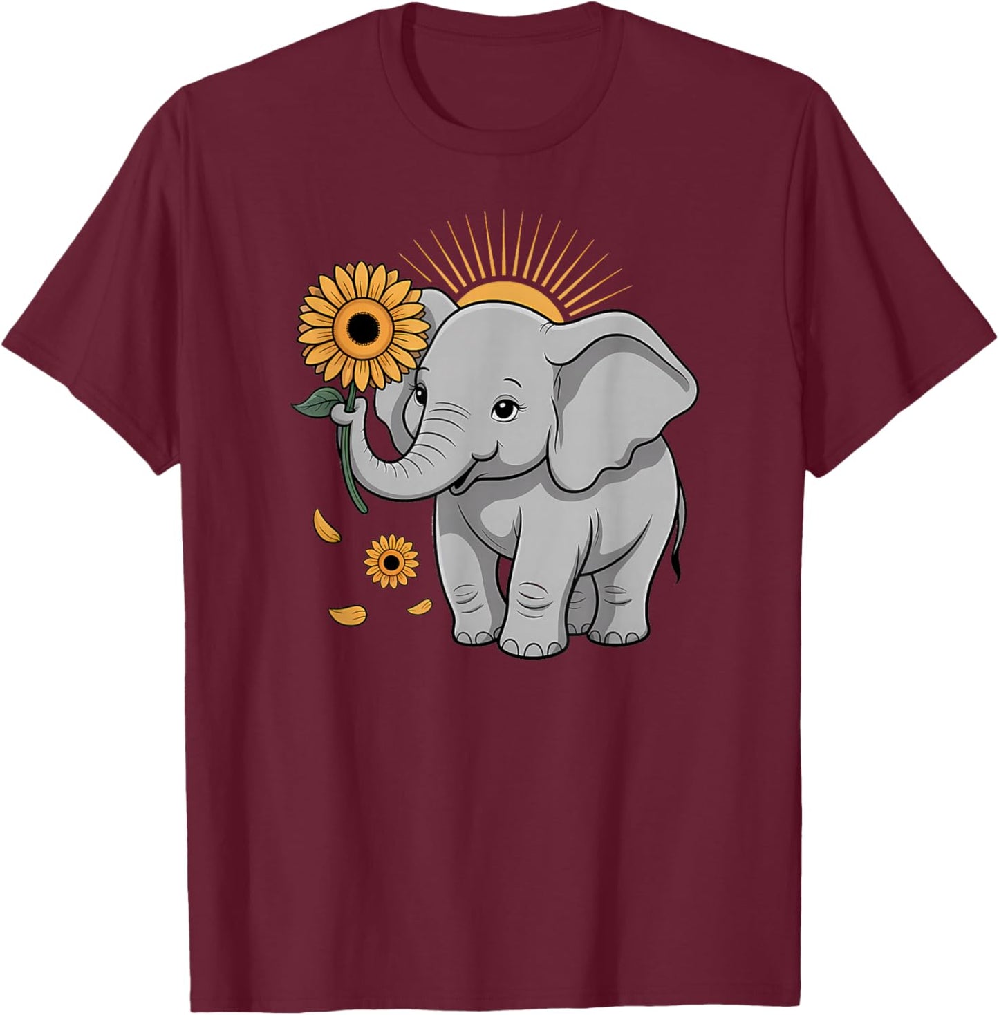 Elephant Holding Sunflower Cute Uplifting Nature T-Shirt - T-Shirt | Maroon