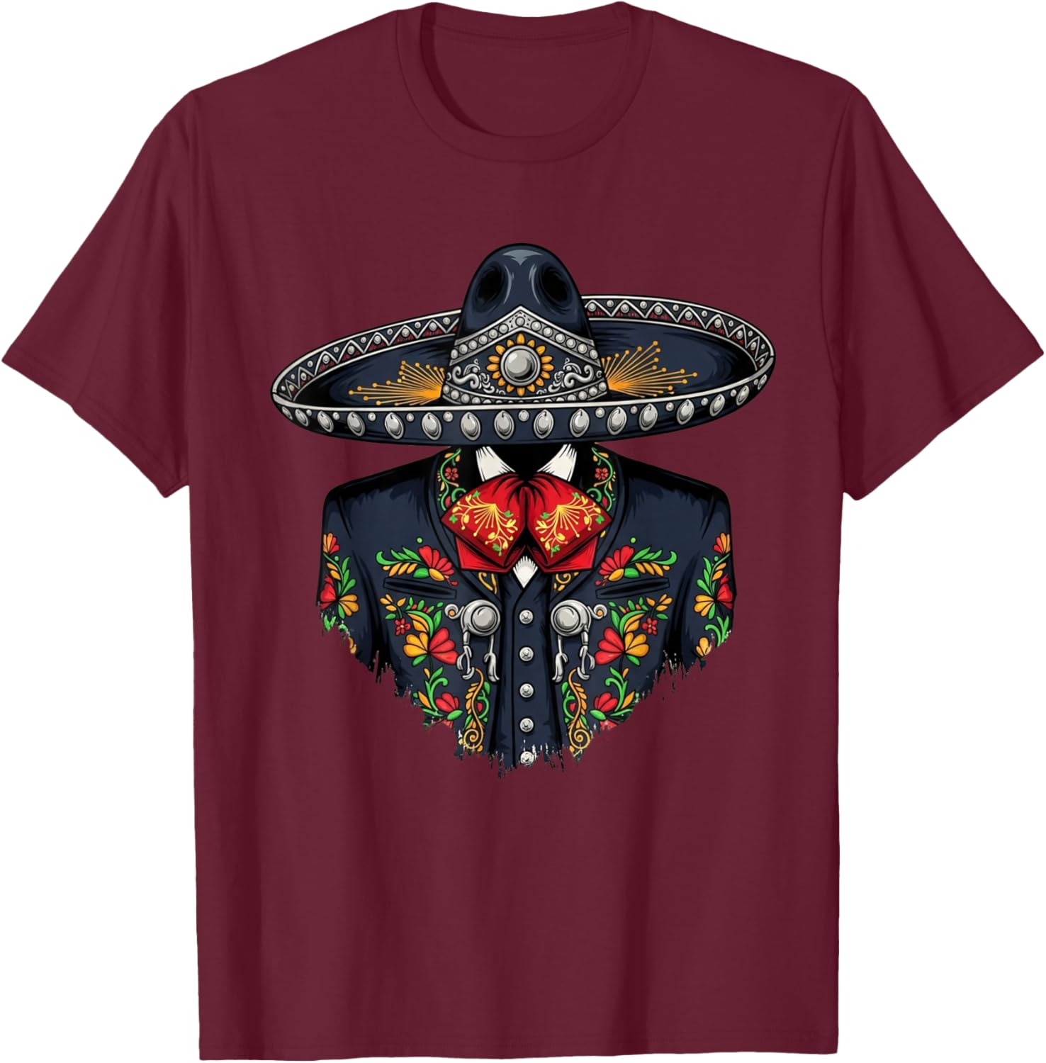 Vibrant Mexican Charro Suit Traditional Mariachi Attire T-Shirt - T-Shirt | Maroon