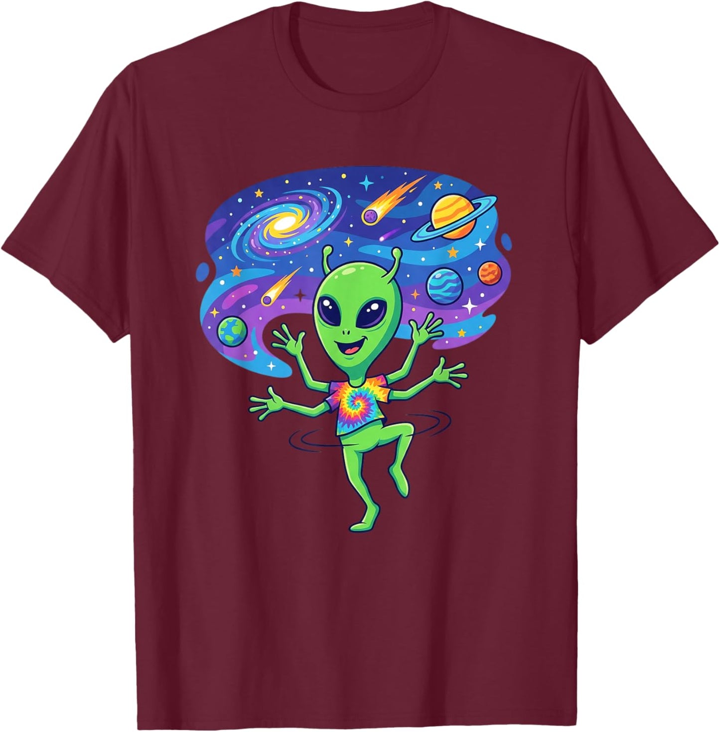 Cosmic Dancing Alien Tie Dye Planet Galaxy T-Shirt - T-Shirt | Maroon