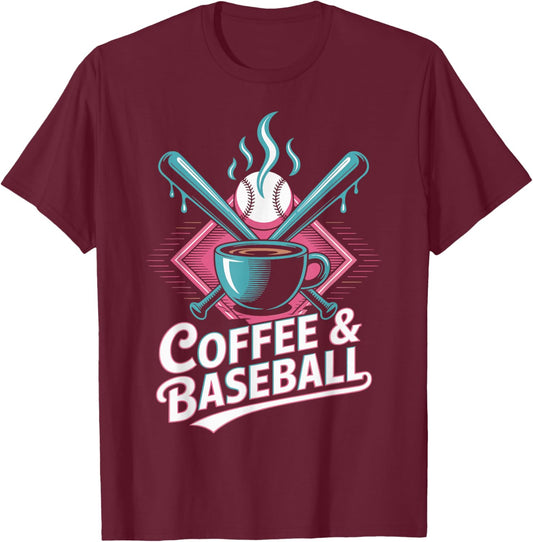 Coffee and Baseball Funny Baseball Player T-Shirt - T-Shirt | Maroon