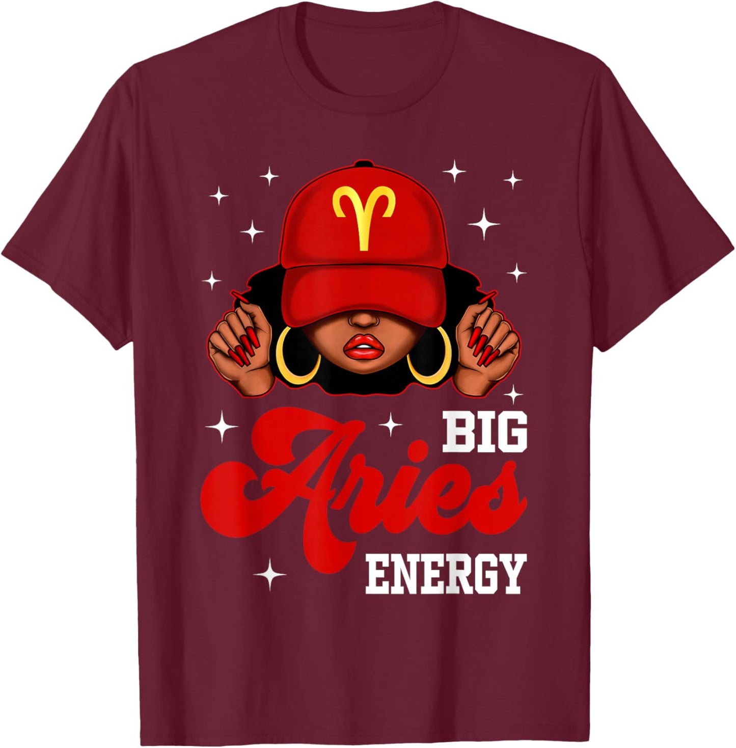 Big Aries Energy Black Woman with Red Cap Zodiac T-Shirt - T-Shirt | Maroon