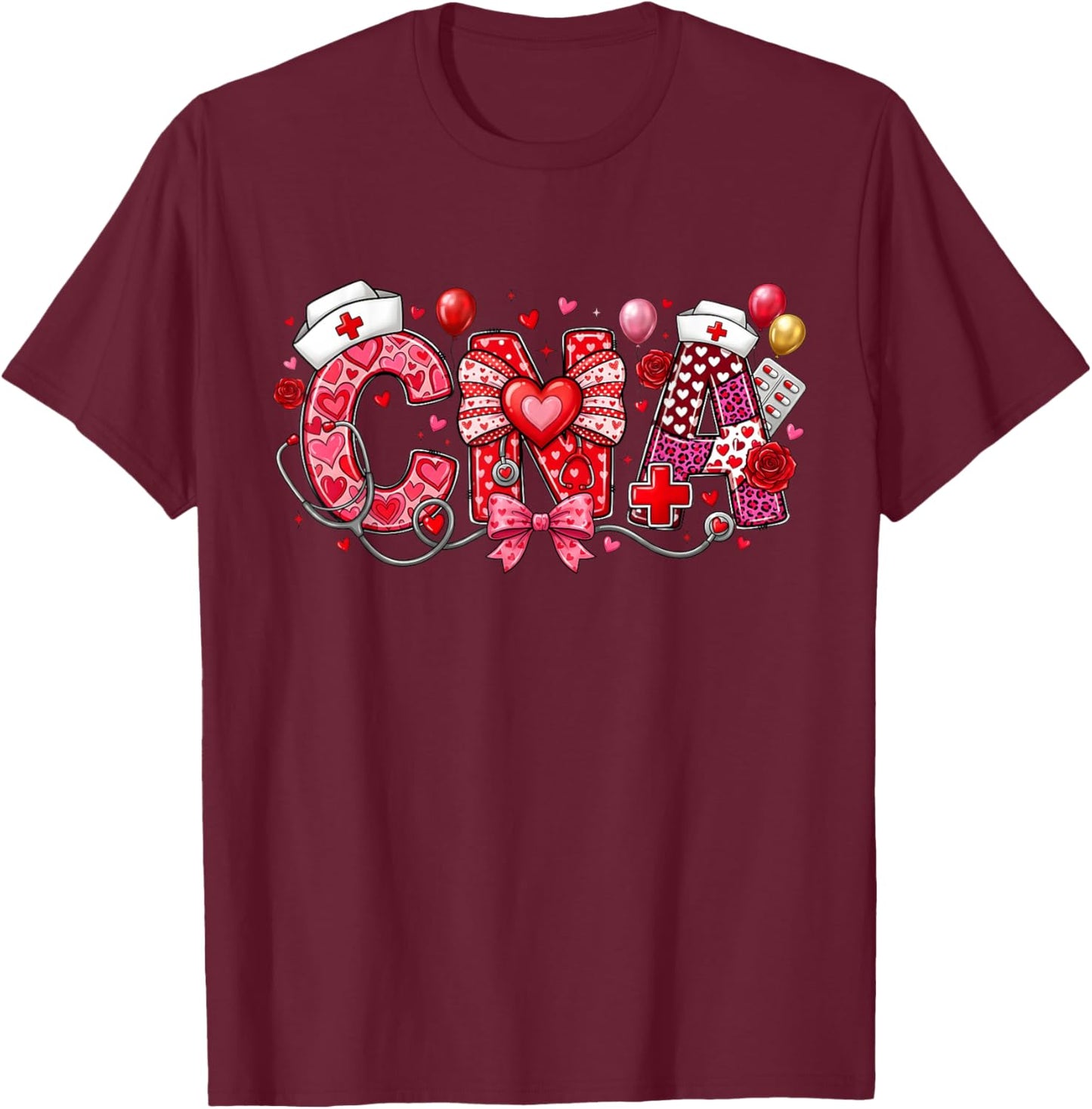 CNA Valentine Coquette Bow Stethoscope Nurse Girl Women T-Shirt - T-Shirt | Maroon