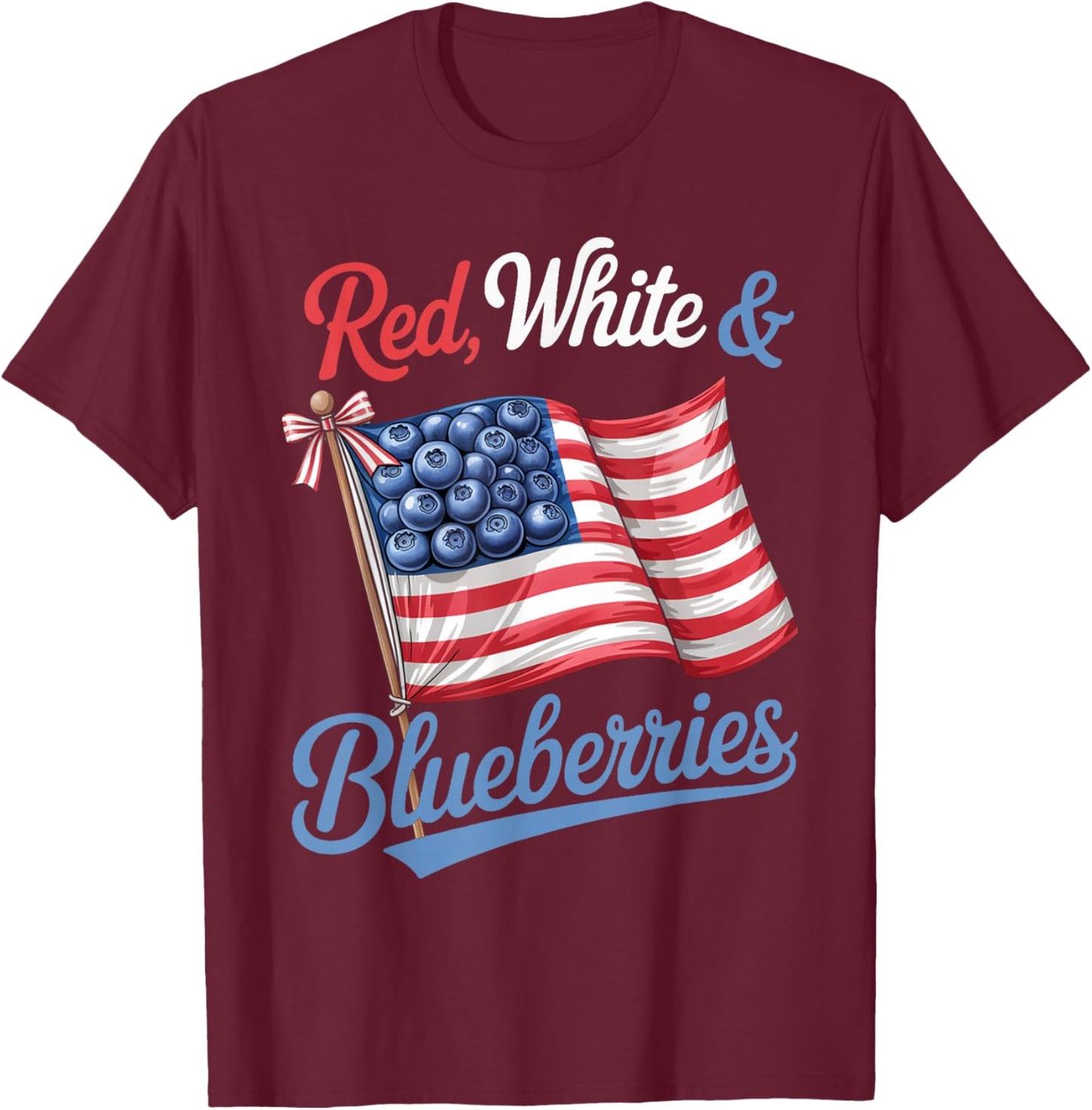 Red White & Blueberries Coquette Flag Bow T-Shirt - T-Shirt | Maroon