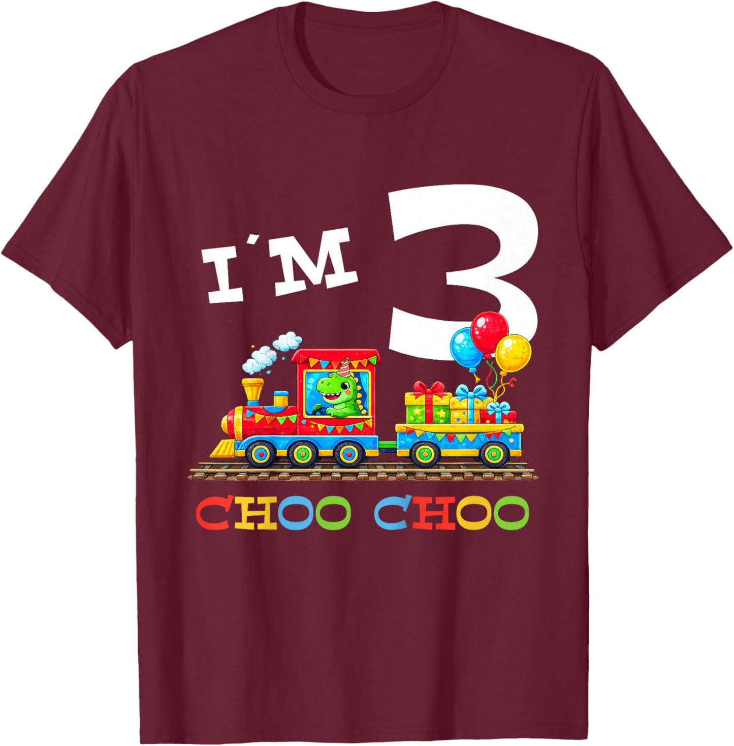 Train Birthday 3 Year Old T-Shirt - T-Shirt | Maroon