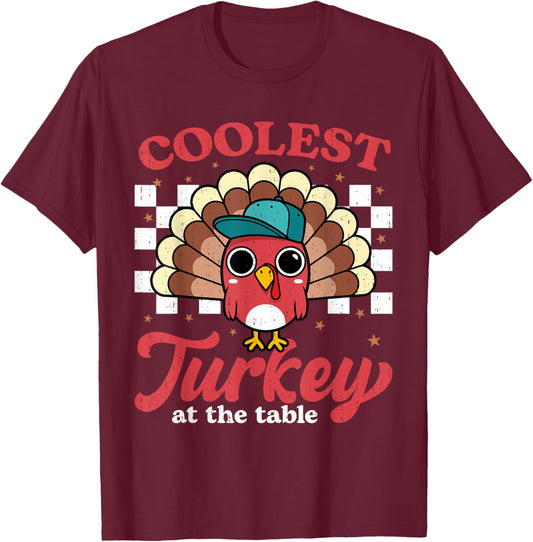 Coolest Turkey At Table Funny Thanksgiving Boys Toddler Kids T-Shirt - T-Shirt | Maroon