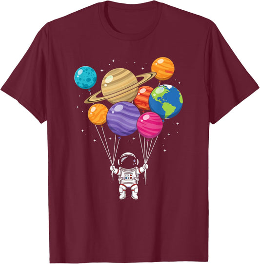 Astronaut Holding Planets Balloons Galaxy Space Universe T-Shirt - T-Shirt | Maroon