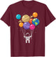 Astronaut Holding Planets Balloons Galaxy Space Universe T-Shirt - T-Shirt | Maroon