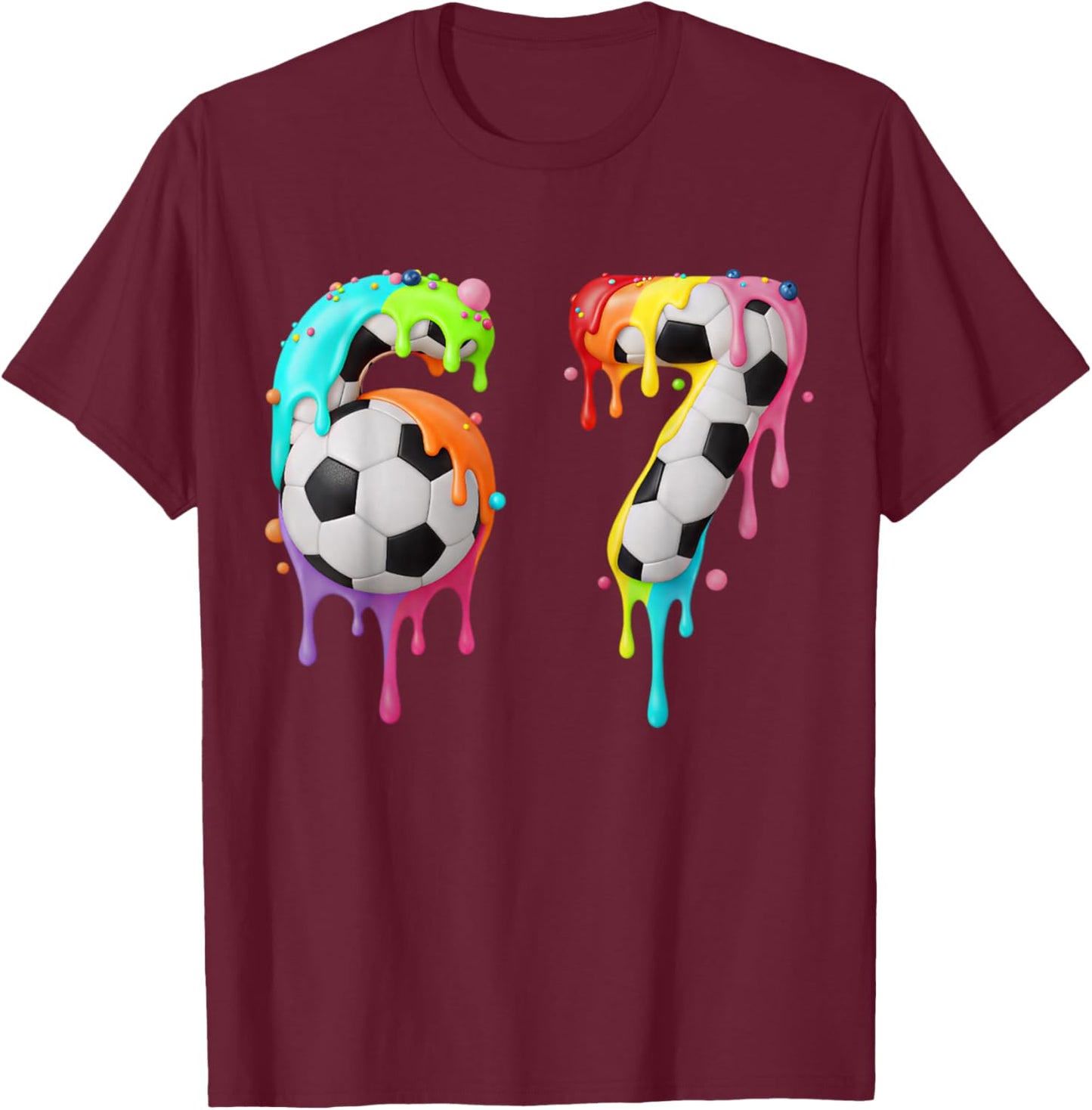 Kids Fun Meme 67 Number Six 6 Seven 7 Ice Cream Drips Soccer T-Shirt - T-Shirt | Maroon
