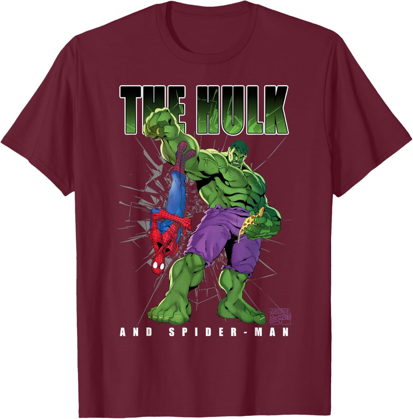 Marvel Comics Hulk and Spider-Man Pizza Smash Duo T-Shirt - T-Shirt | Maroon