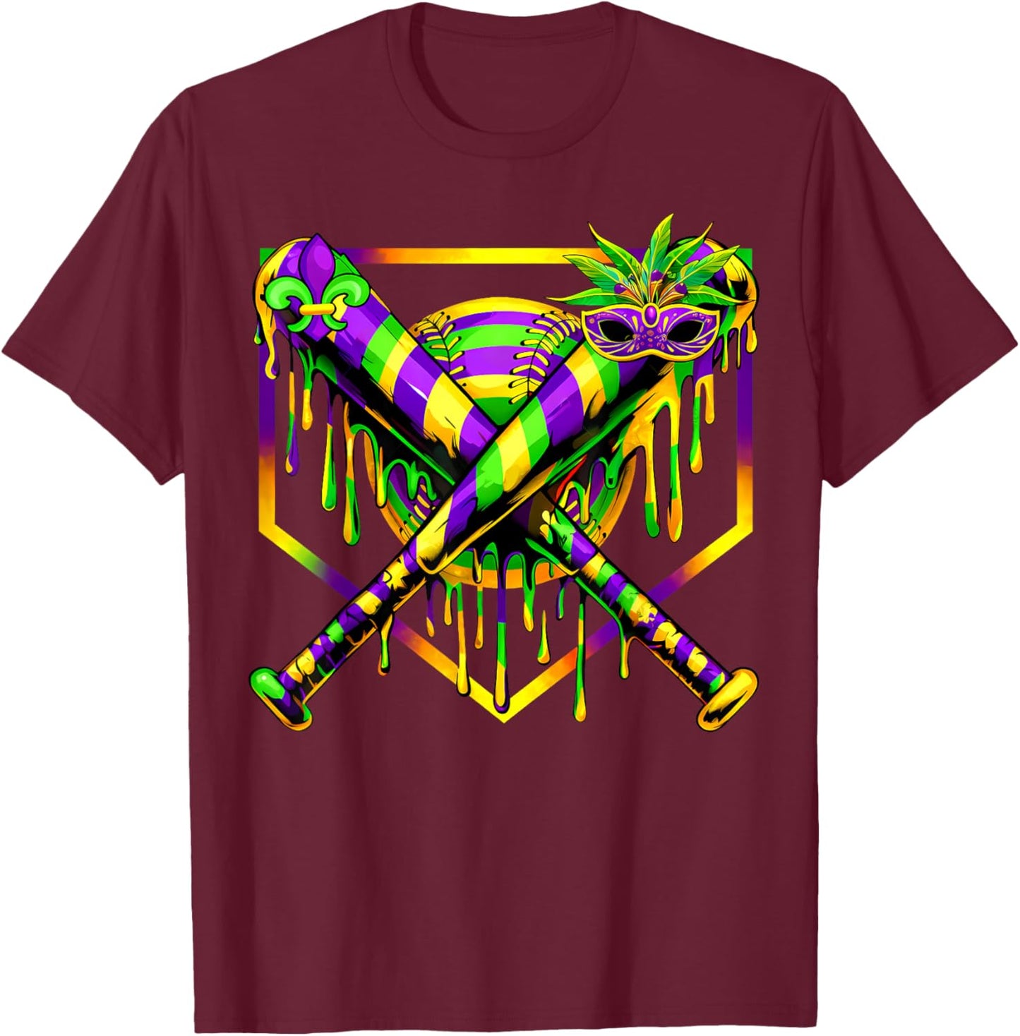 Baseball Mardi Gras Carnival Party Mask Ice Cream Drip Boys T-Shirt - T-Shirt | Maroon