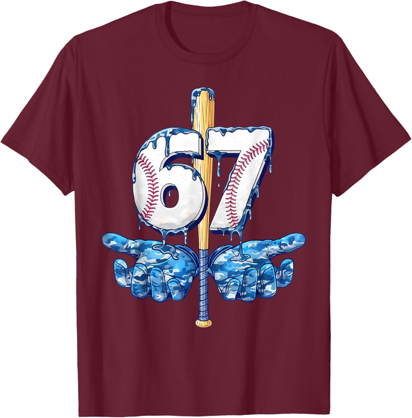 Blue Camo Baseball 67 Six Seven Camo Ice Cream Drip Boy Teen T-Shirt - T-Shirt | Maroon