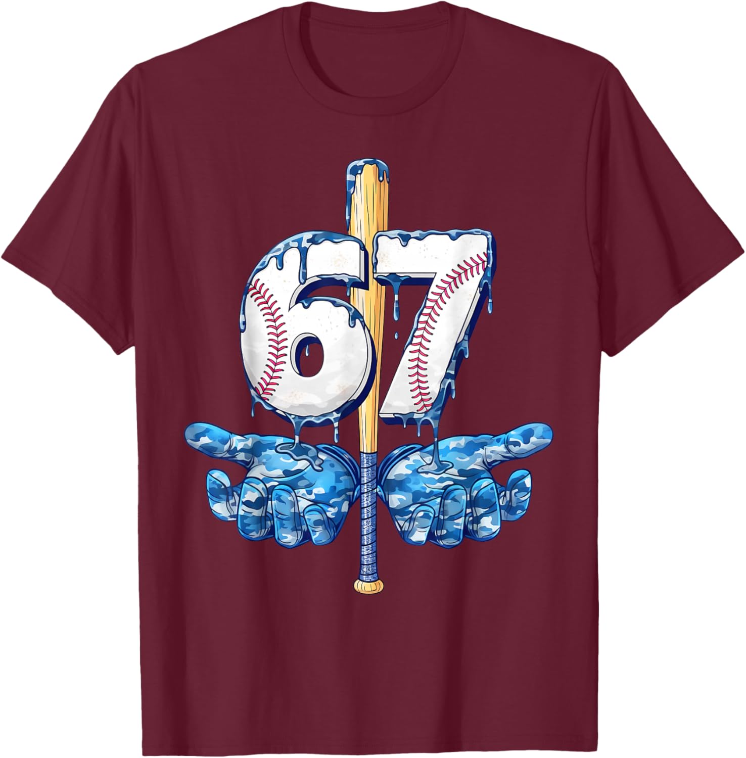 Blue Camo Baseball 67 Six Seven Camo Ice Cream Drip Boy Teen T-Shirt - T-Shirt | Maroon