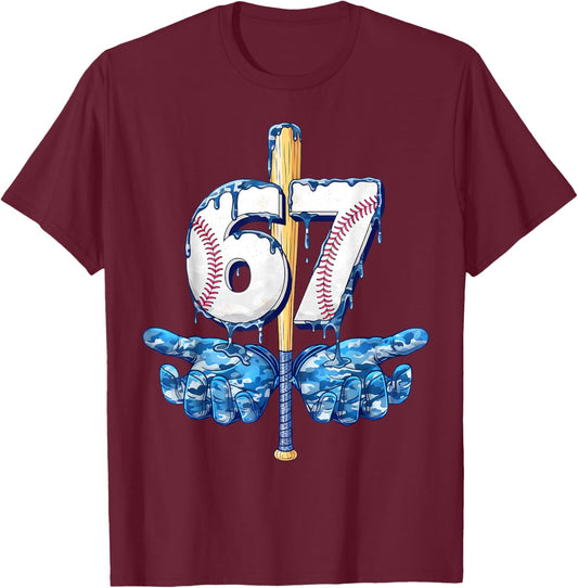 Blue Camo Baseball 67 Six Seven Camo Ice Cream Drip Boy Teen T-Shirt - T-Shirt | Maroon