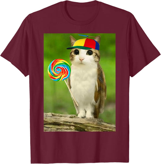 Meowl Cat Owl with Lollipop Funny Cursed Internet Cat Lover T-Shirt - T-Shirt | Maroon