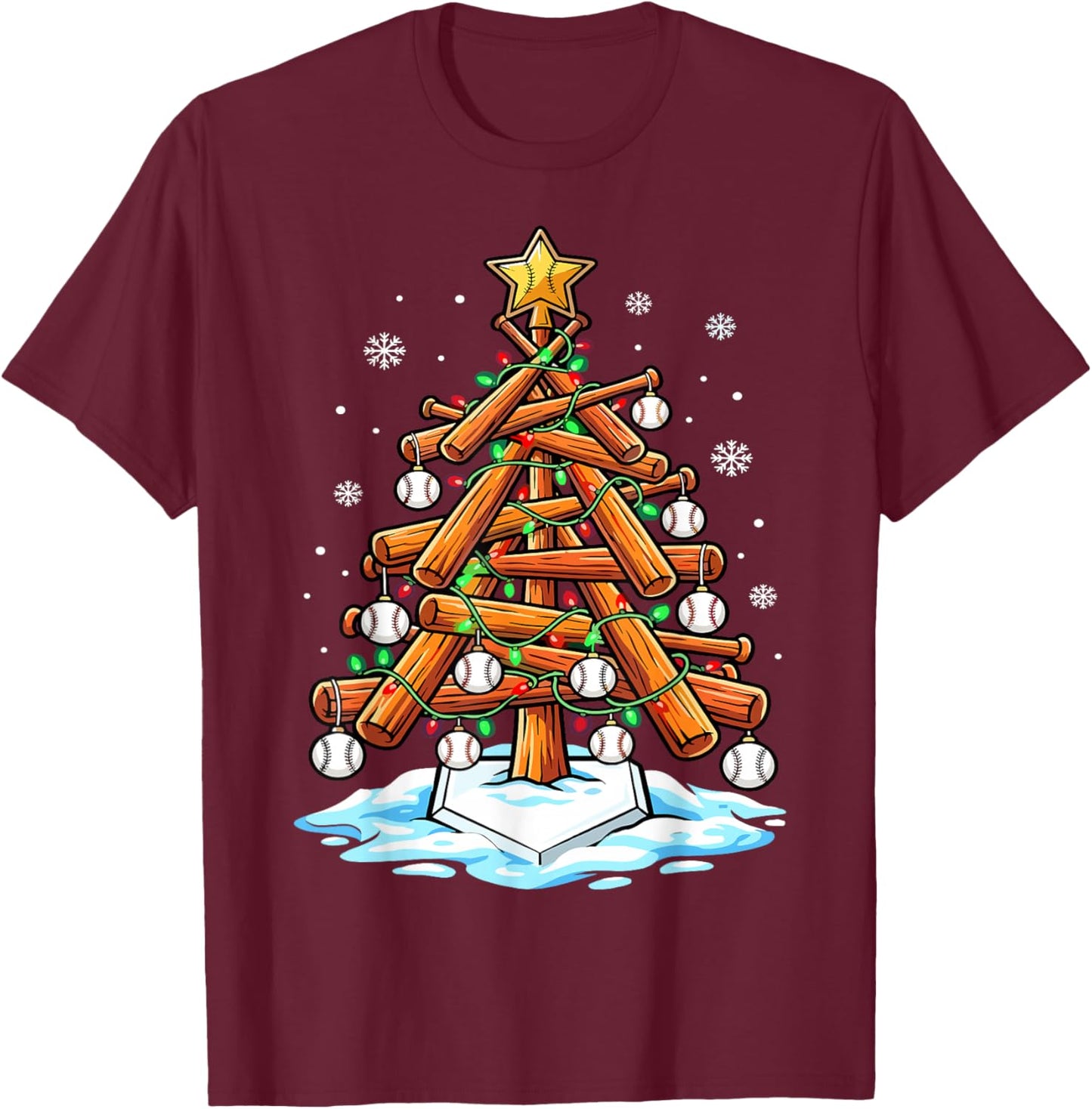 Christmas Baseball Tree Lights Xmas T-Shirt - T-Shirt | Maroon