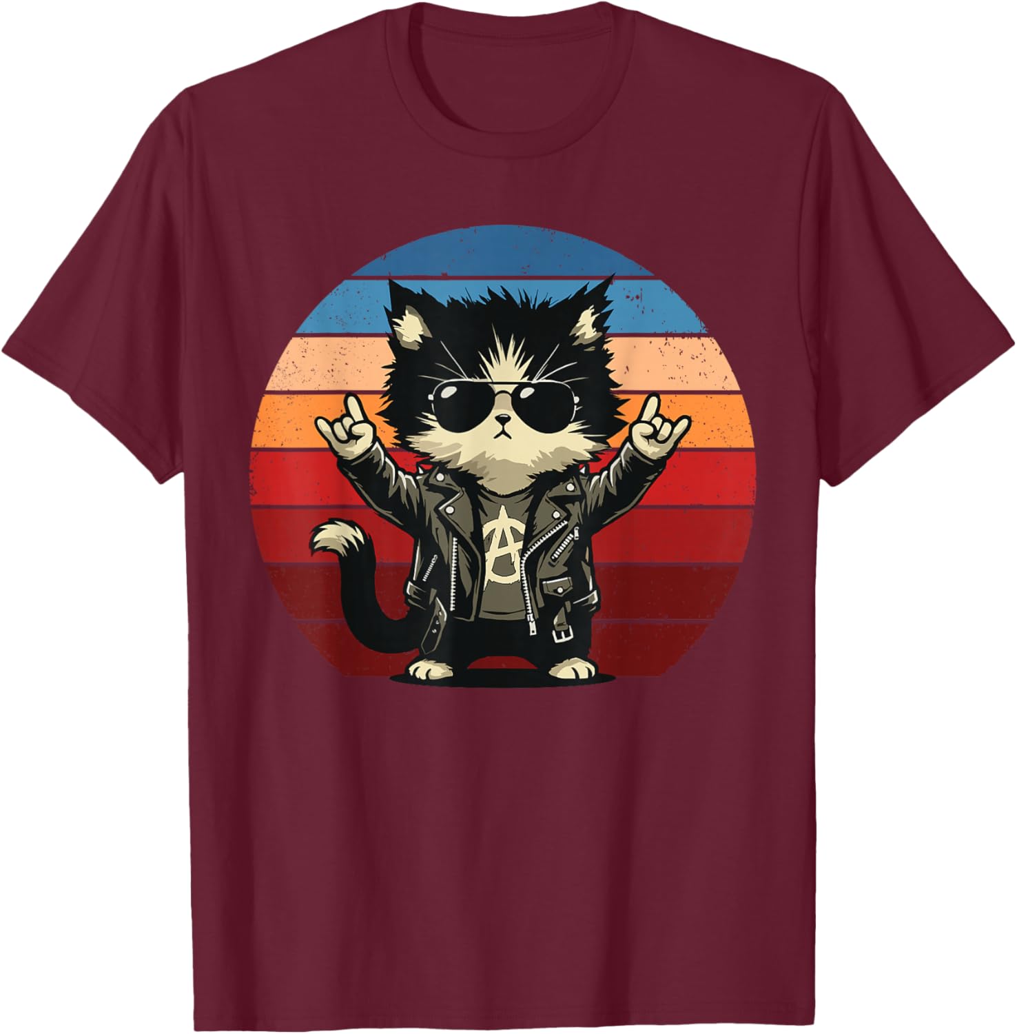 Retro Cat Rock Music Men Kids Women Funny Cat T-Shirt - T-Shirt | Maroon