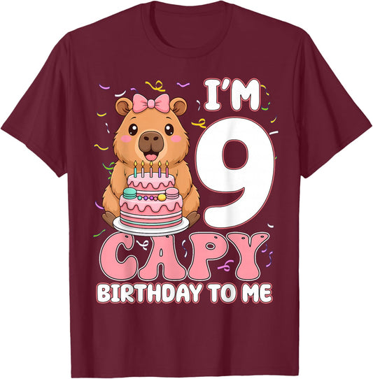 9 Years Old Capy Birthday to Me 9th Birthday Capybara Girl T-Shirt - T-Shirt | Maroon