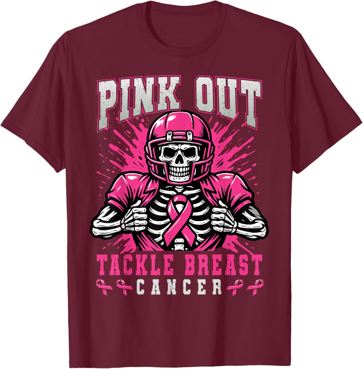 Pink Out Tackle Breast Cancer Football Skeleton Halloween T-Shirt - T-Shirt | Maroon