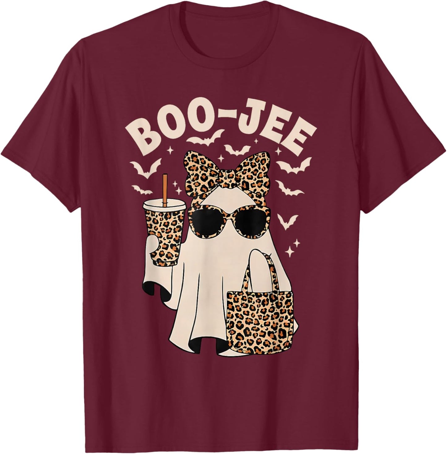 Boo JEE Boujee Leopard Ghost Halloween October Vibes T-Shirt - T-Shirt | Maroon