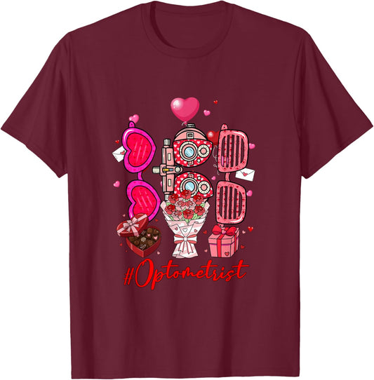 Optometrist Tools Hearts Flowers Valentine's Day Joke Single T-Shirt - T-Shirt | Maroon