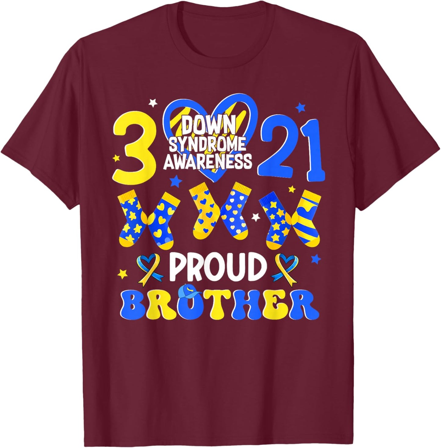 Proud Brother Down Syndrome Awareness 321 Heart Men Boy T-Shirt - T-Shirt | Maroon