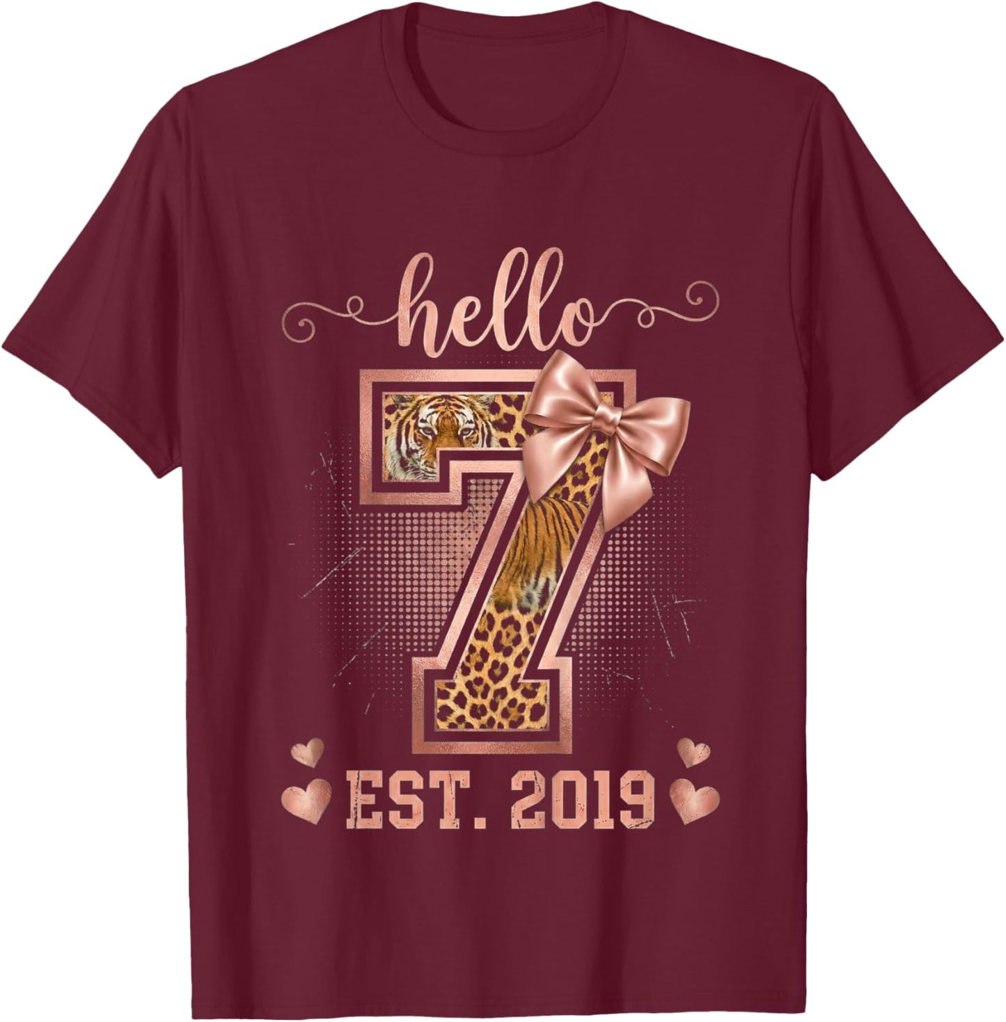 Hello Seven EST 2019 7th Birthday Coquette 7 Year Leopard T-Shirt - T-Shirt | Maroon