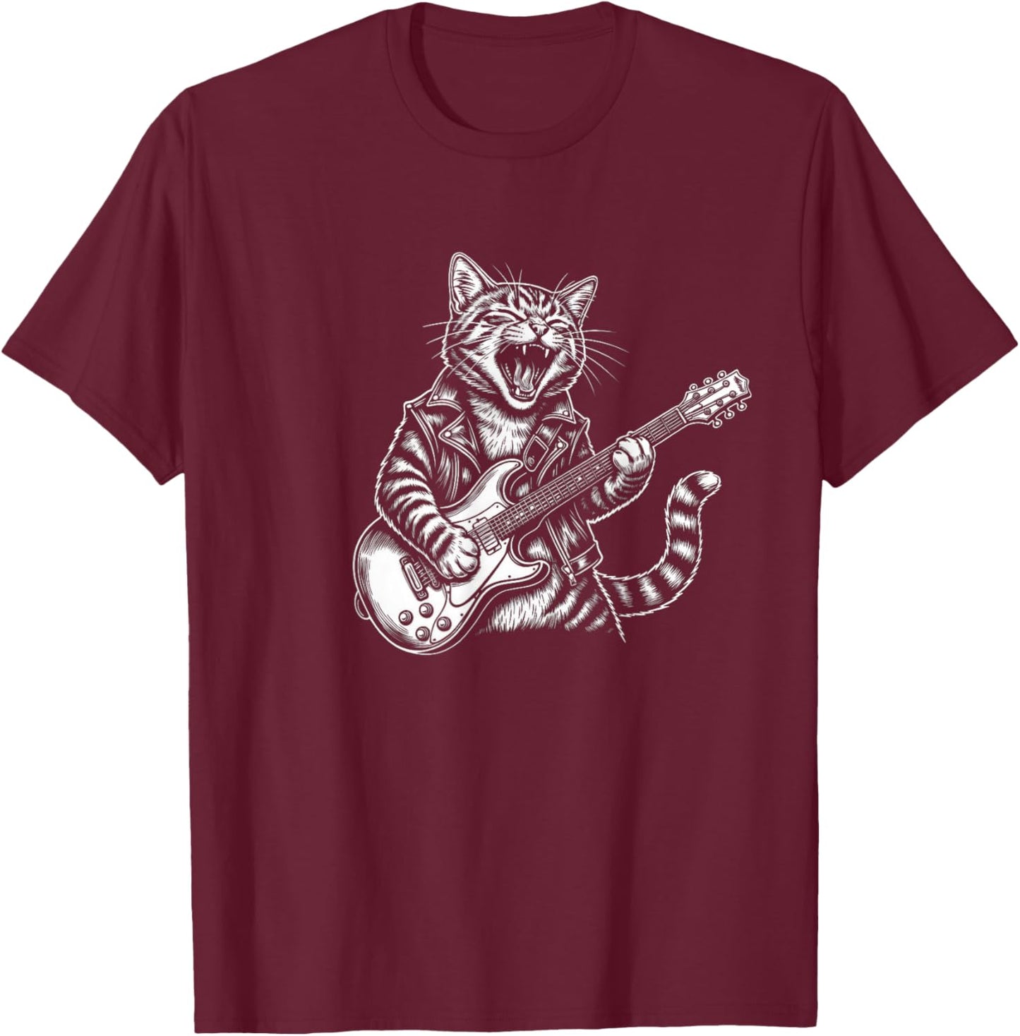 Funny Rock Cat Playing Guitar Electric Retro Lovers T-Shirt - T-Shirt | Maroon