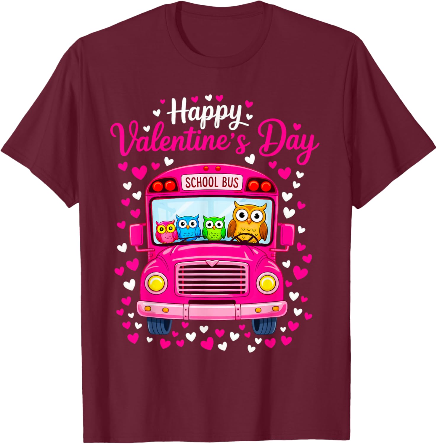 Funny Owls School Bus Driver Happy Valentines Day T-Shirt - T-Shirt | Maroon