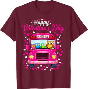 Funny Owls School Bus Driver Happy Valentines Day T-Shirt - T-Shirt | Maroon