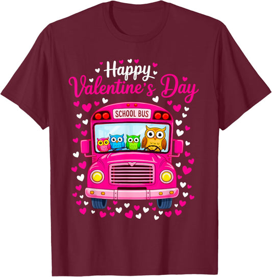 Funny Owls School Bus Driver Happy Valentines Day T-Shirt - T-Shirt | Maroon