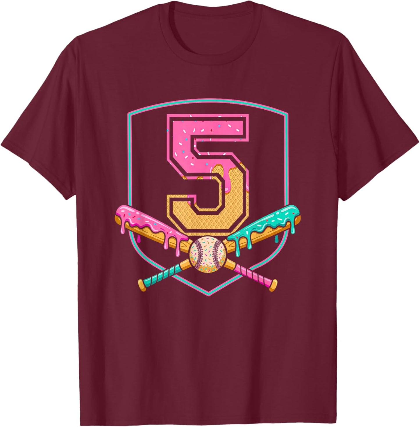 5th Birthday Baseball Bat Ice-Cream Drip 5 Years Old Boy Kid T-Shirt - T-Shirt | Maroon