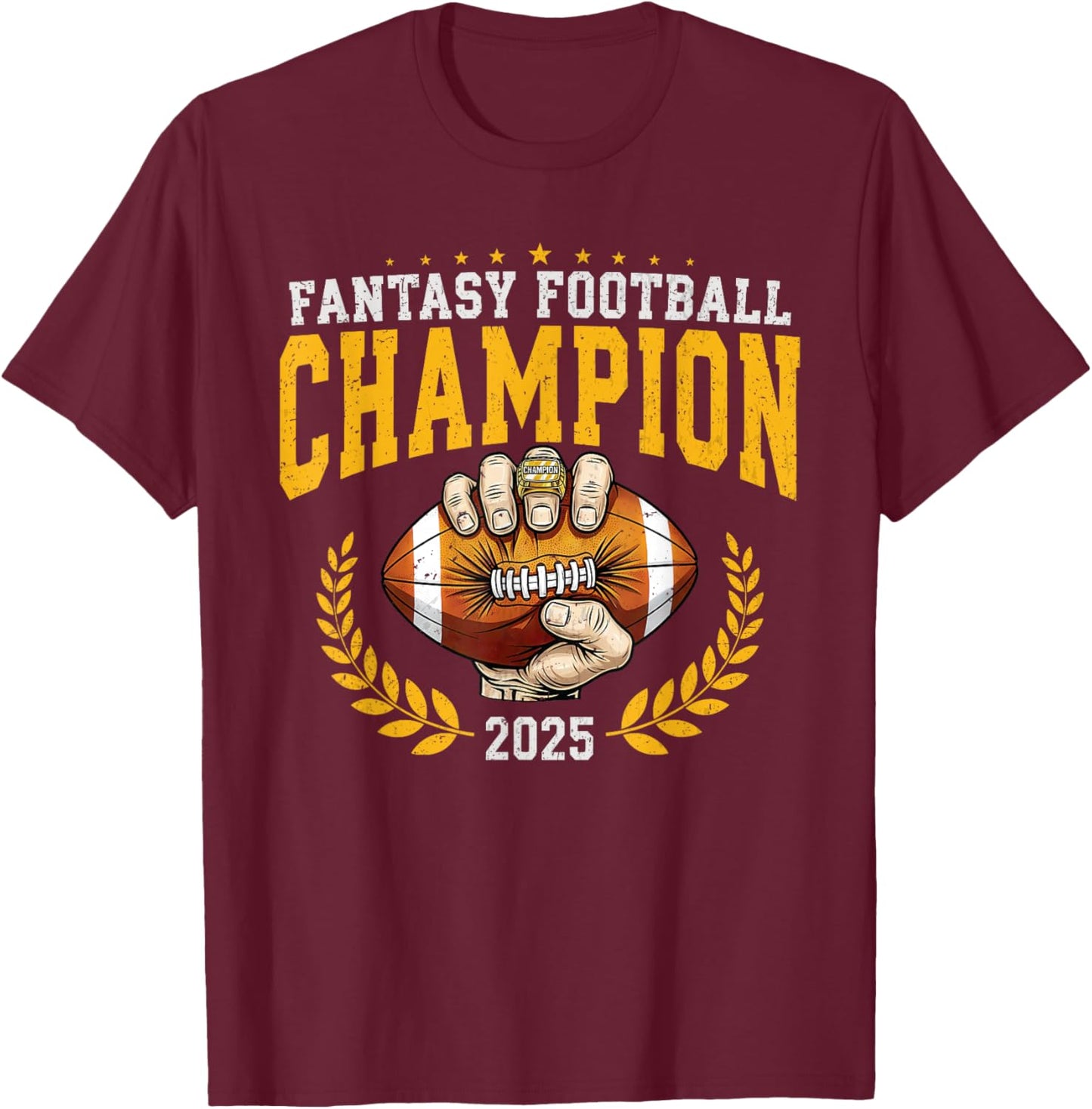 Fantasy Football Champion 2025 Shield Trophy Emblem T-Shirt - T-Shirt | Maroon