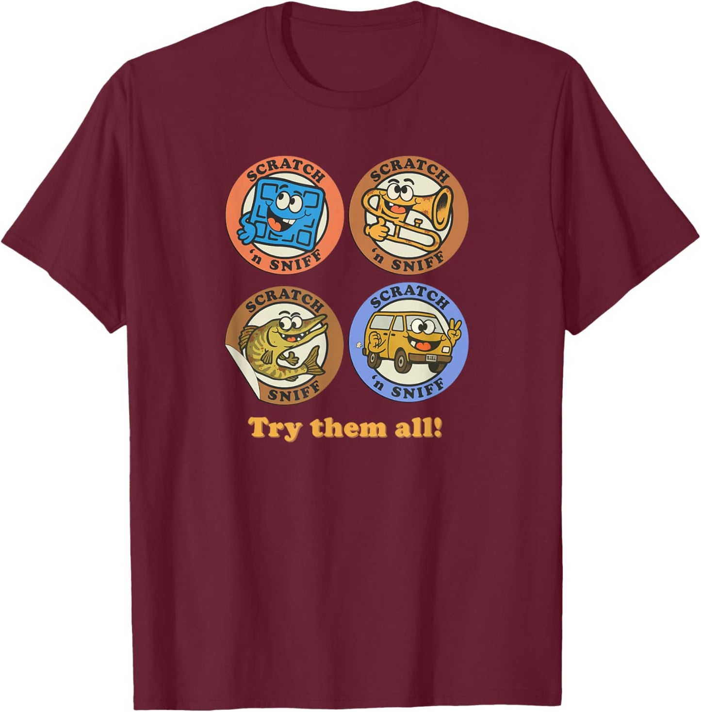 Retro 80s Scratch 'n Sniff Dirty Cartoon 4 Character Mashup T-Shirt - T-Shirt | Maroon