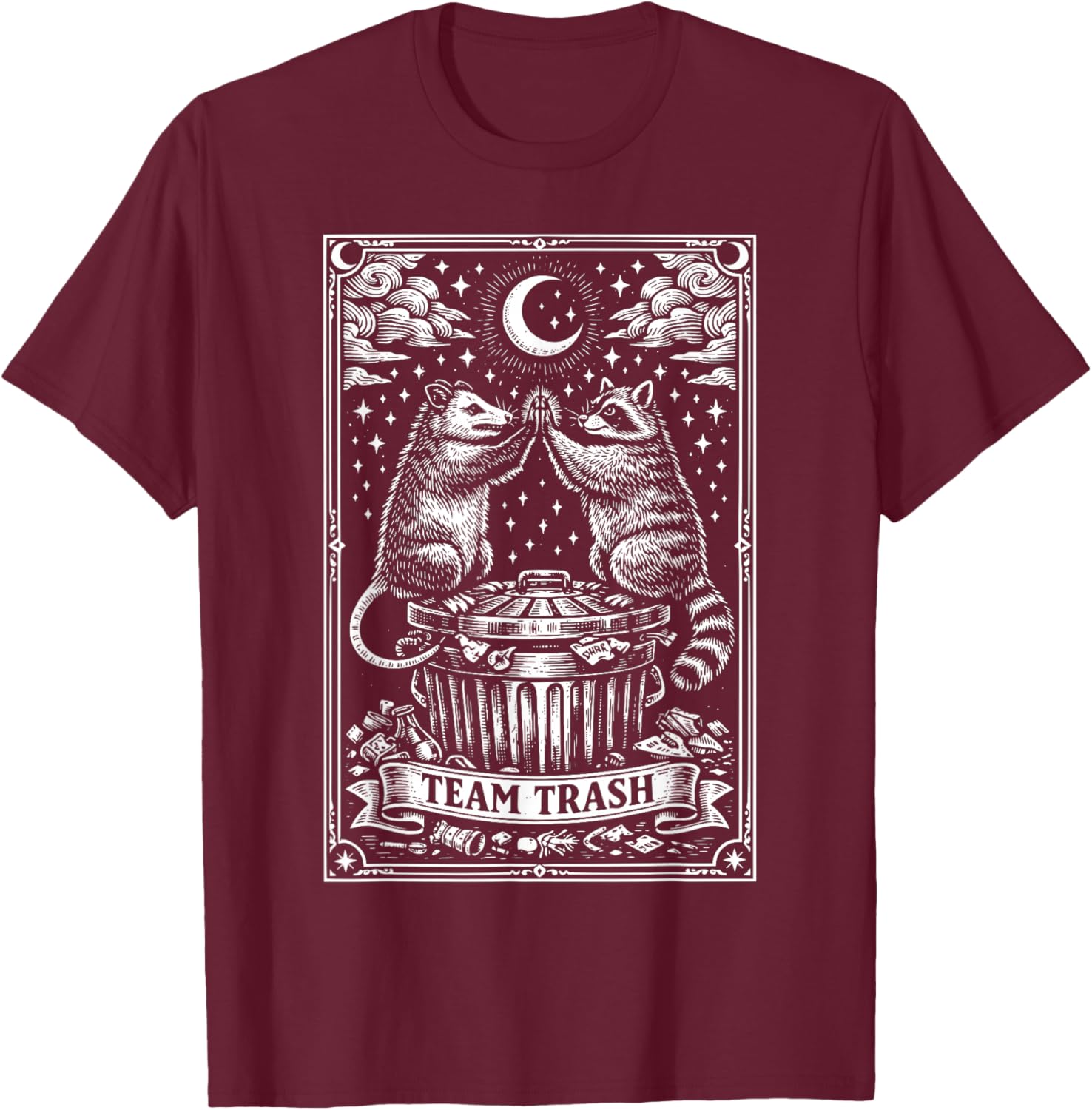 Vintage Tarot Card Raccoon Opossum Crescent Moon Raccoon T-Shirt - T-Shirt | Maroon